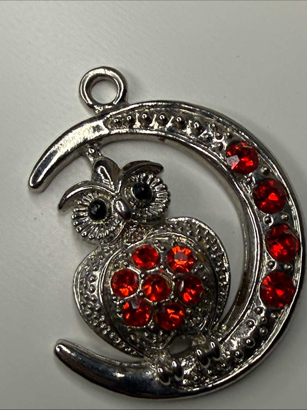 Silver Owl Pendant with Red rhinestones charm large statement
